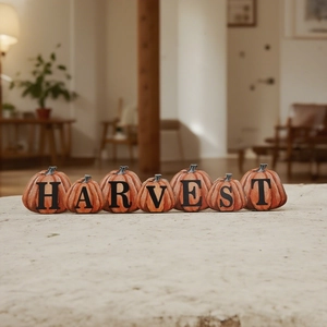 Autumn wooden pumpkin blocks set with LED lights spelling HARVEST for home decor