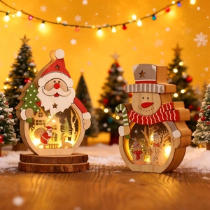 Décorations de Noël en bois à LED Père Noël et bonhomme de neige avec scène lumineuse