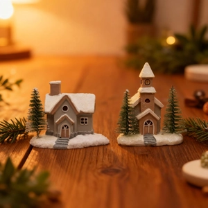 Detailed view of two resin Christmas miniature houses with snow on a wooden table