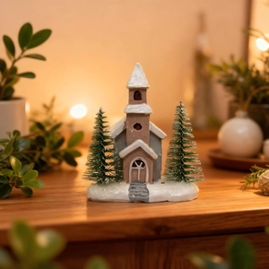 Micro landscape Christmas church figurine with snowy pine trees on wood surface