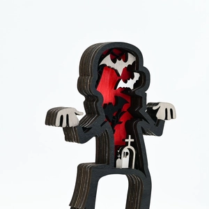 3D layered wooden zombie sculpture with Halloween bat and grave motifs for spooky decor