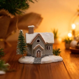 Miniature resin Christmas snow house decor with a small pine tree on a wooden surface