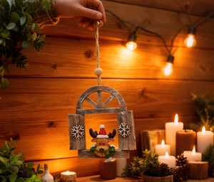 Rustic wooden window Christmas pendant featuring a cute 3D reindeer with festive lights