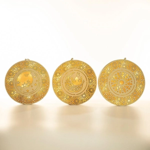 Three-piece circular wooden LED Ramadan hanging ornaments with laser-cut mosque moon patterns