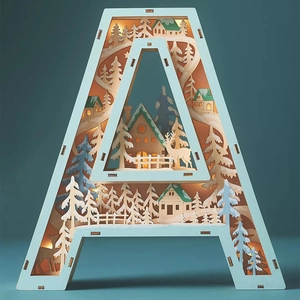 Close-up of letter A wooden LED light with multi-layer winter forest landscape