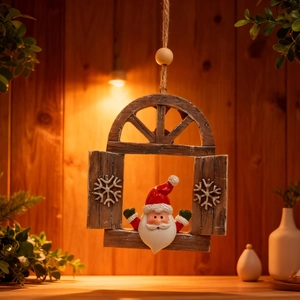 Rustic Christmas Santa Claus window resin hanging ornament with white snowflakes and twine