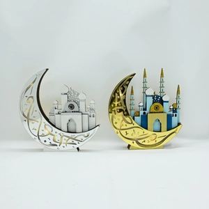 Detail of laser-cut wooden crescent moon and mosque LED ornaments for Ramadan decor
