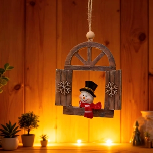 Wooden frame Christmas ornament with cute snowman wearing black hat and red scarf