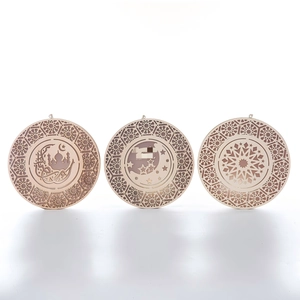 Three wooden Eid Mubarak hanging ornaments with laser-cut mosque and moon patterns