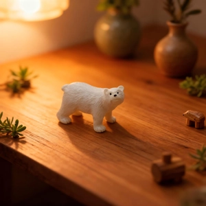 Detailed view of miniature polar bear figurine with realistic fur texture on wood