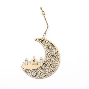 Hollow wooden moon pendant with mosque silhouette and geometric patterns for Eid decor