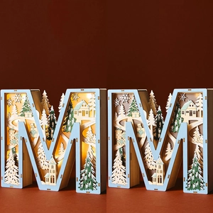Letter M wooden LED Christmas lamp with laser-cut winter village and warm lights