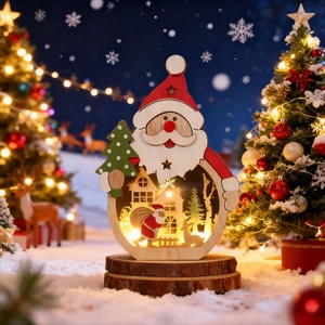 Décoration de Noël LED en bois avec Père Noël lumineux et scène de village d'hiver