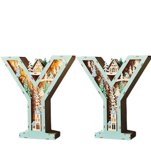 Christmas wooden letter Y LED light with carved winter village and warm glowing snow scene