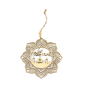 Laser-cut wooden Eid Mubarak hanging pendant featuring a mosque and mandala pattern