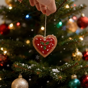 Close-up of heart-shaped Christmas tree ornament with festive snow and bokeh light background