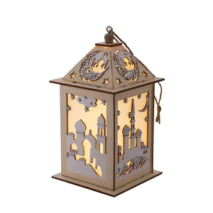 Wooden Eid Mubarak lantern with warm LED light featuring moon and mosque silhouette