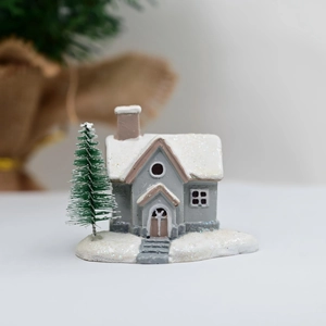 Christmas resin miniature snowy house figurine with frosted pine tree and glitter snow details