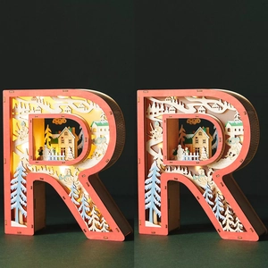 3D wooden letter R decorative LED night light with winter snow scene micro landscape