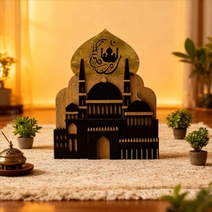 Wooden Eid moon ornament with gold Arabic calligraphy and LED lights in cozy home setting