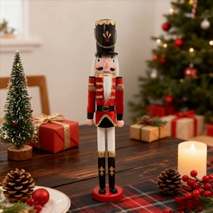 Schiaccianoci re nordico in legno 60cm in divisa rossa per decorazioni natalizie
