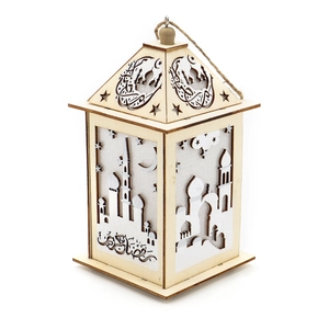 Muslim wooden glowing lantern with mosque silhouettes and crescent moon decoration