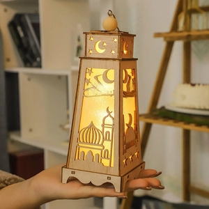 Eid wooden LED lantern decoration with crescent mosque silhouette and hollow star pattern