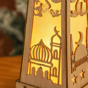 Luminous Eid Mubarak wooden mosque ornament with warm LED light for holiday home decor