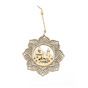 Laser-cut wooden Ramadan lantern ornament with mosque pattern and hanging beads
