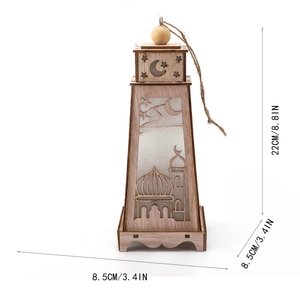 Hollow wooden Ramadan lantern with mosque patterns and LED lights, dimensions 22x8.5 cm
