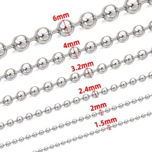 Polished stainless steel bead chains in six sizes from 1.5mm to 6mm on white background