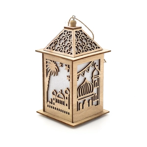 Muslim wooden glowing lantern with laser-cut mosque and crescent moon design