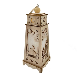 Wooden Eid Mubarak lantern ornament with LED light, crescent moon and mosque cutouts