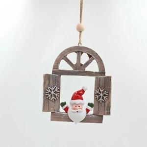 Detail of a festive Santa Claus resin pendant with retro window frame and rustic rope