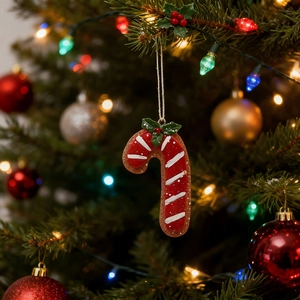 Detail of red and white candy cane ornament with green holly on a festive Christmas tree