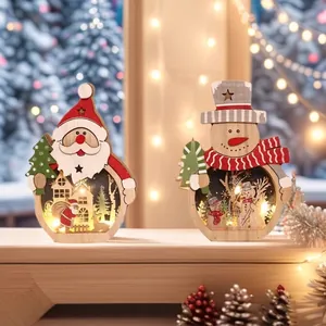 Ornement de Noël en Bois LED Père Noël Bonhomme de Neige Sculpture Creuse Décoration de Table pour Maison Bureau