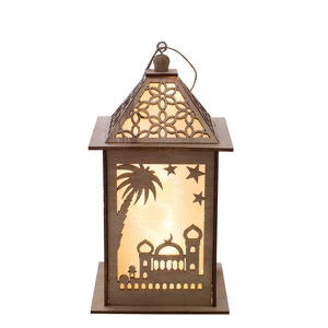 Luminous wooden Muslim lantern with mosque patterns and warm LED light for home decor