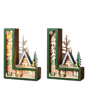 Letter L wooden Christmas LED lamp with miniature snow town scene cutout carving