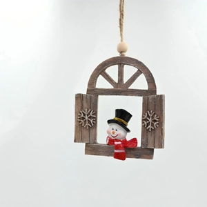 Detail of creative Christmas resin snowman ornament with wood texture window and jute rope
