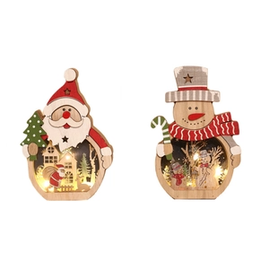 Décorations de Noël en bois LED avec Père Noël et Bonhomme de neige, lumière chaude