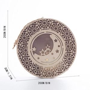 Detailed view of a 20cm wooden mandala wall hanging with moon and star laser-cut patterns