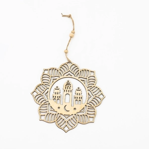 Ramadan wooden lantern ornament with laser-cut mosque and moon patterns on white background
