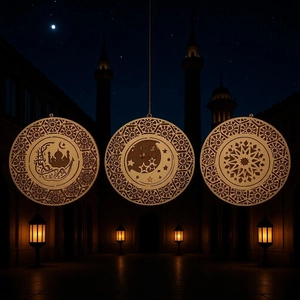 Three-piece laser-cut wooden Muslim hanging ornaments featuring mosque and crescent moon designs