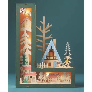 L-shaped wooden LED Christmas ornament featuring a hollowed-out winter village scene