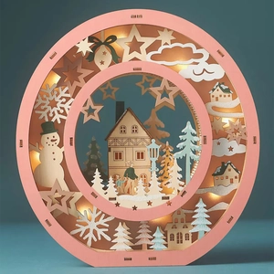 Detail of wooden Christmas LED light with laser-cut snowman and house silhouette