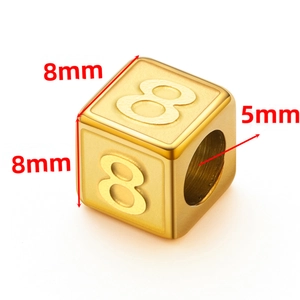 Golden square numeric bead 8mm with hole for DIY stainless steel jewelry making