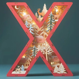 Detail of wooden letter X lamp showing layered Christmas scene with deer and cabin