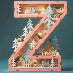 Close-up of pink wooden LED letter Z with warm lighting and laser-cut winter scene details