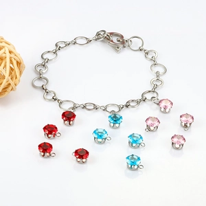 DIY jewelry set featuring heart clasps and multi-colored round gemstone pendants on chains