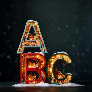 3D wooden Christmas letter LED lights with carved winter cabin and reindeer scenes